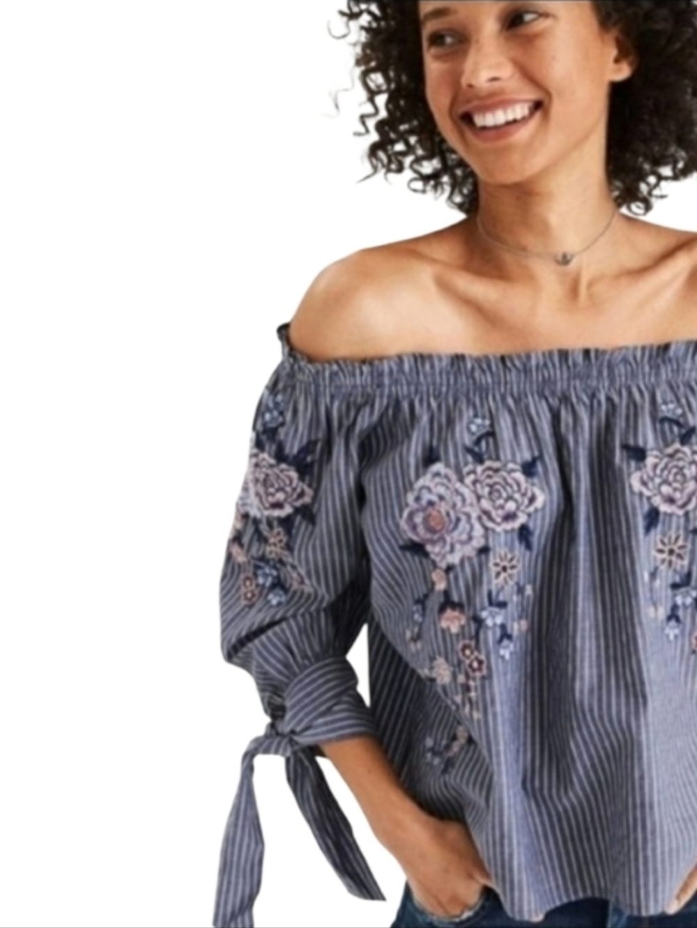 AMERICAN EAGLE Embroidered Floral Striped Off the Shoulder Top Blouse Small.